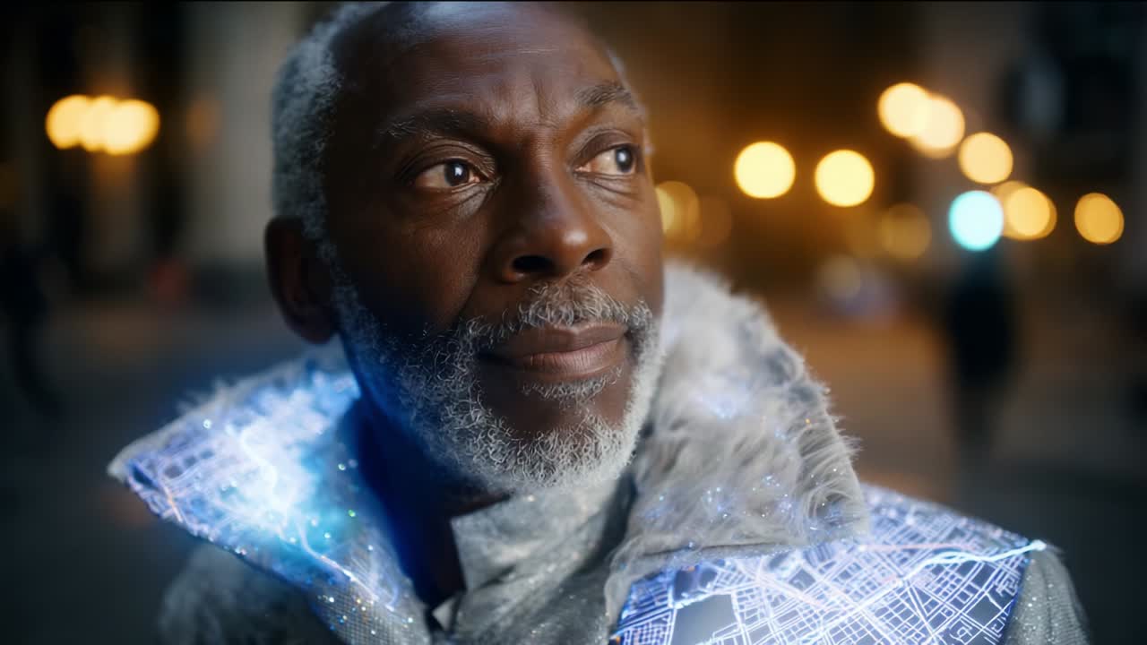 A Thoughtful Individual in a Futuristic Sparkling Coat Gazes Into the Distance as Urban Lights Illuminate the Surroundings, Capturing a Moment of Reflection and Wonder in the Nighttime Cityscape