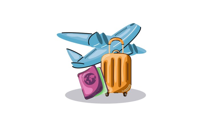 Travel concept with airplane, suitcase and passport