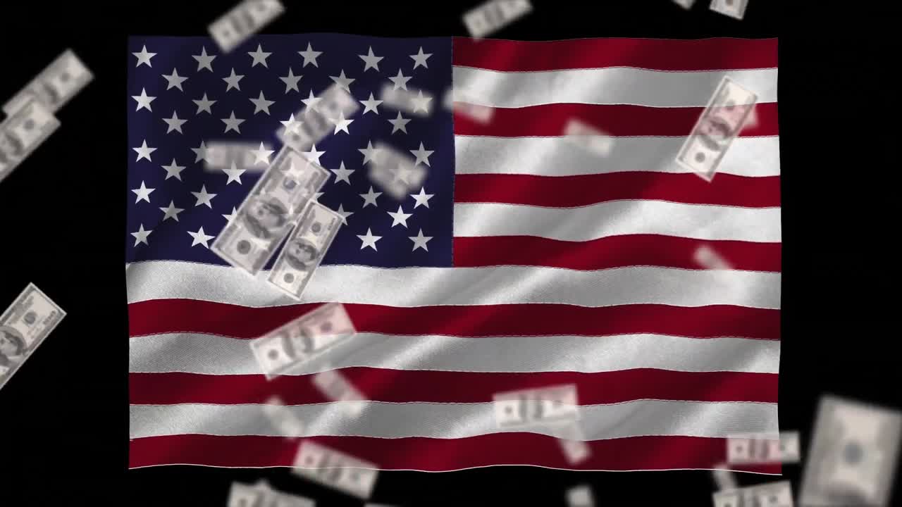 dólares estadounidenses cayendo sobre nuestra bandera.