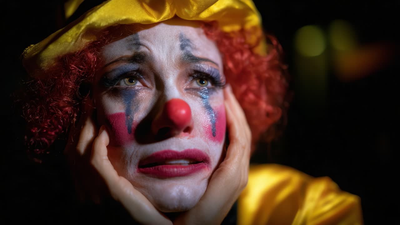 Emotional Clown Expressing Sadness and Vulnerability: A Striking Visual Encounter with the Depth of Human Emotion through Unique Make-up and Colorful Costume