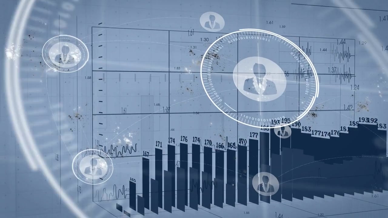 Su un feed di dati che si aggiorna, un'interfaccia utente aziendale emerge su una griglia, con barre che salgono e utenti HUD che si raggruppano mostrando i risultati.