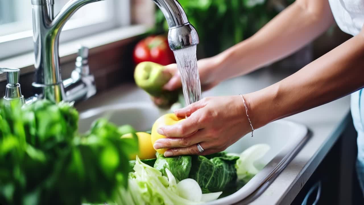 Close-up video angle of hands washing fresh vegetables in a kitchen sink, highlighting healthy