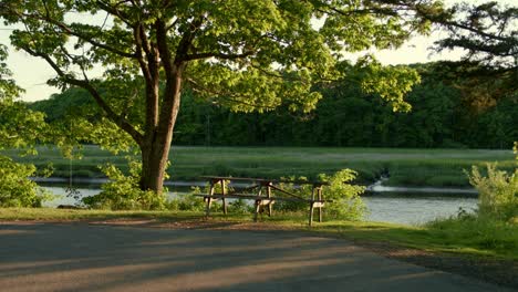 Niedrige-Drohne,-Die-Während-Der-Goldenen-Stunde-In-Stratham,-Nh-In-Der-Nähe-Von-Exeter,-Nach-Links-In-Richtung-Eines-Leeren-Picknicktisches-Und-Einer-Seilschaukel-Mit-Fluss-Im-Hintergrund-Gleitet