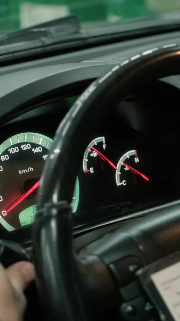 Driver's Hand on Steering Wheel and Car Dashboard Lighting Up