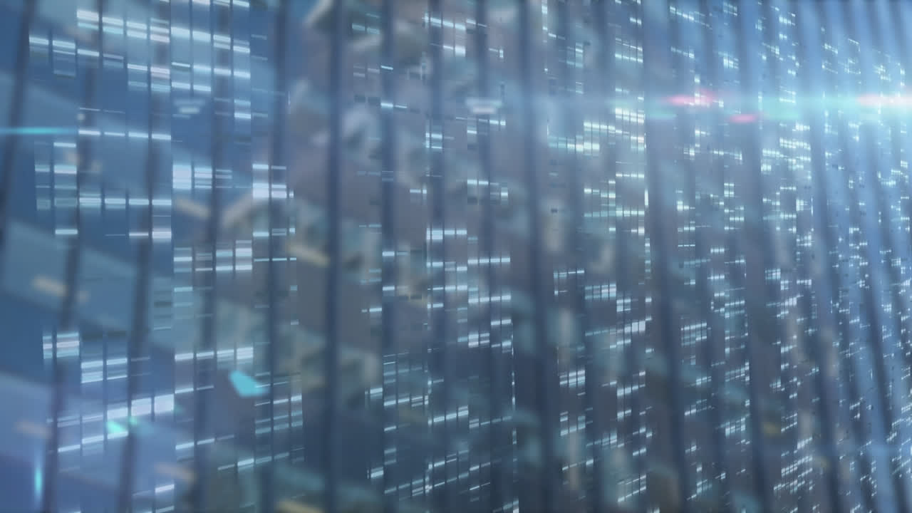 animación del procesamiento de datos sobre edificios de oficinas modernos.