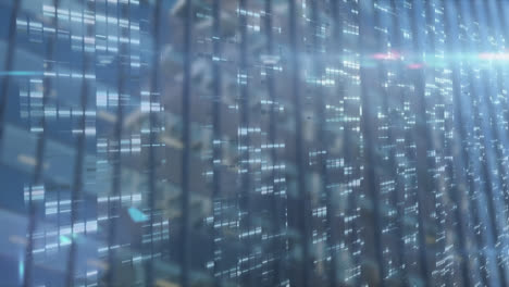 animation der datenverarbeitung über modernen bürogebäuden.