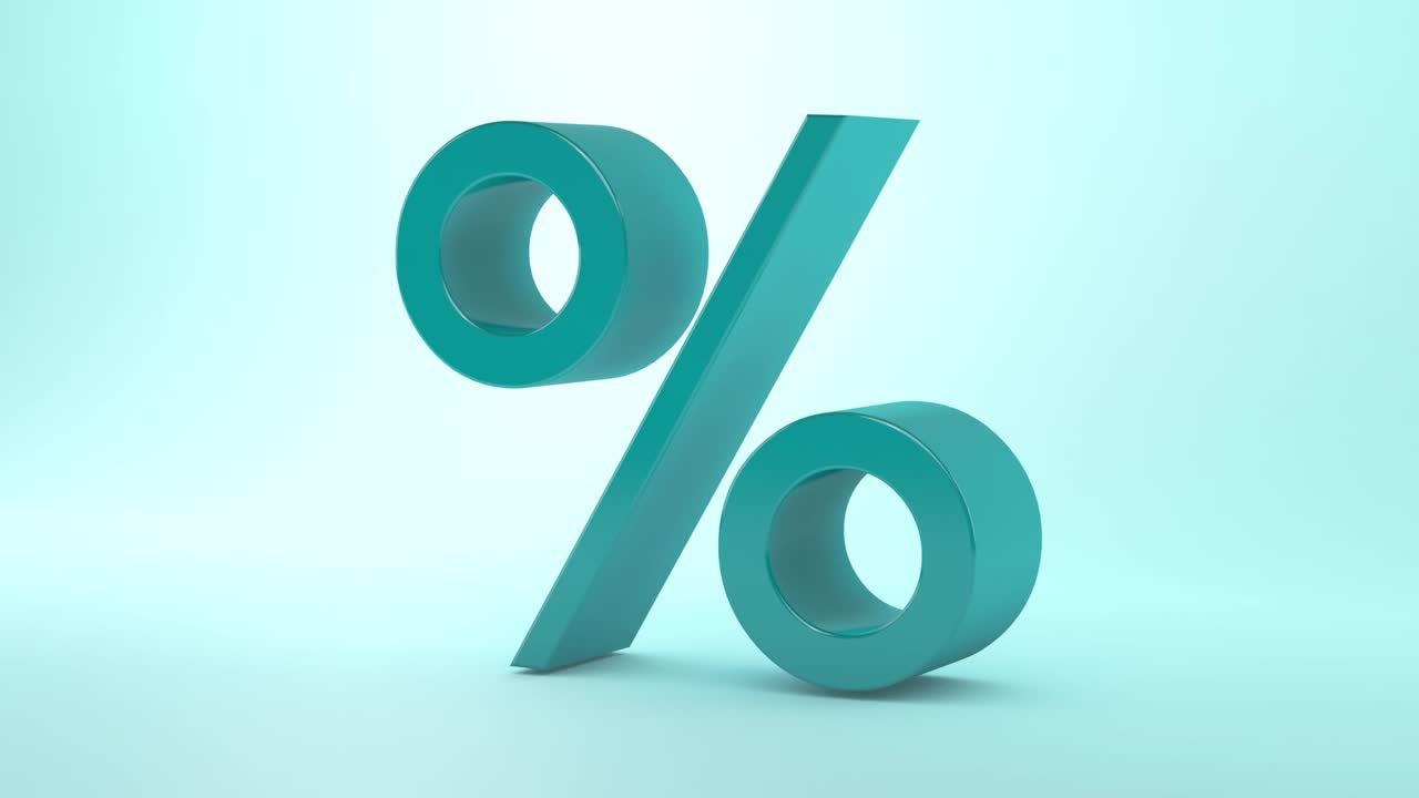 signo de porcentaje aislado del fondo, girando sobre fondo azul