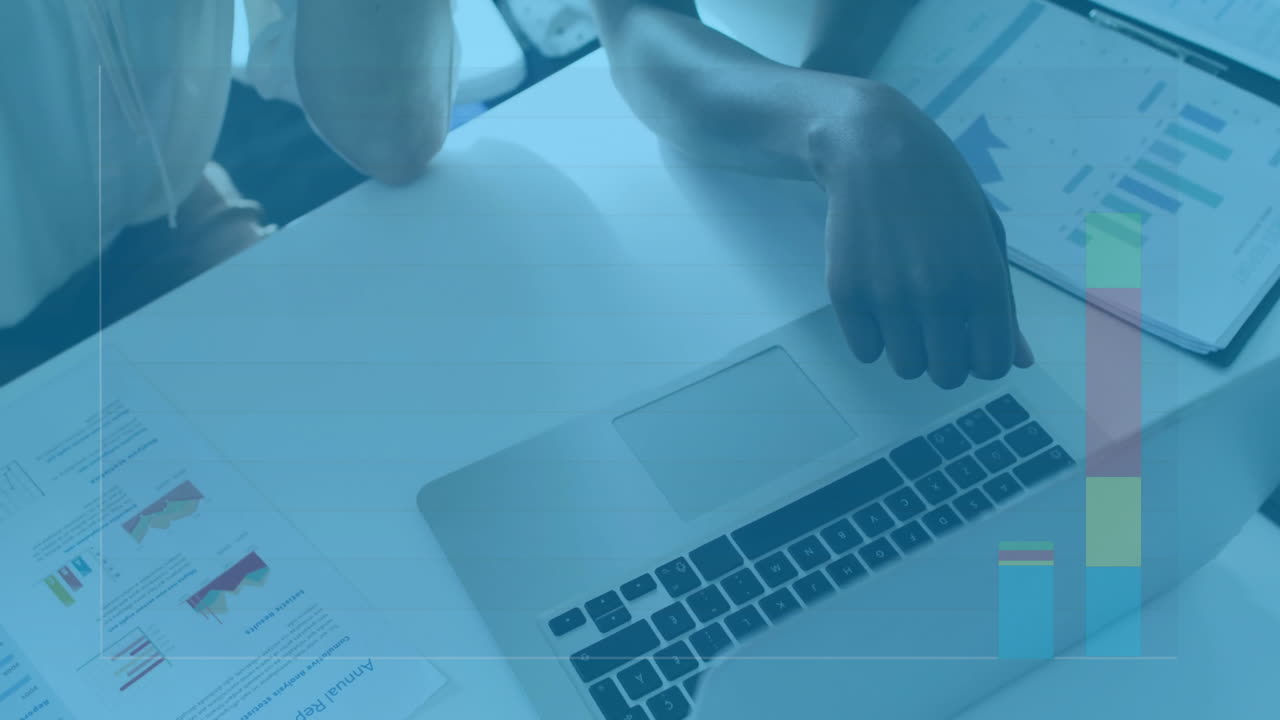 Animation of financial data processing over diverse female colleagues using laptop