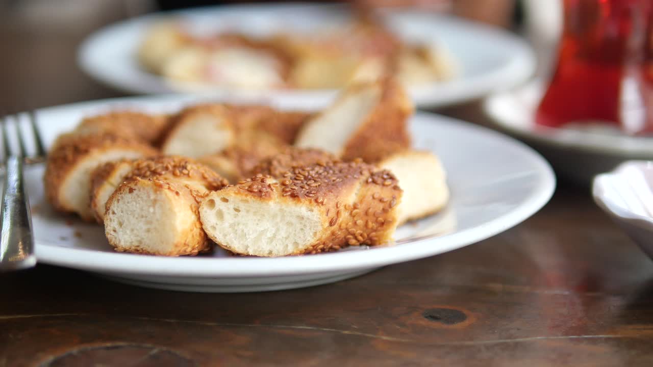 Slices of Turkish Simit Bread with Tea