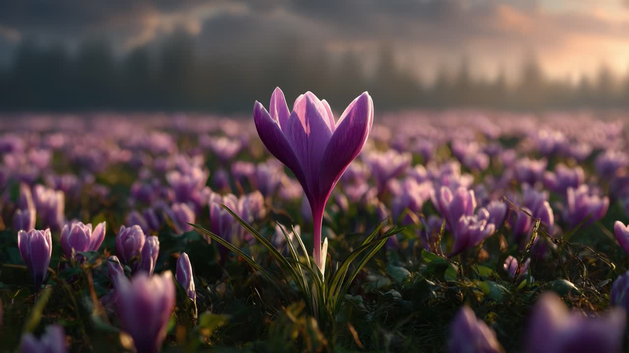 A Stunning Display of Nature: A Single Purple Crocus Flower Stands Tall in a Lush Field of Blooming Petals, Captured in the Soft Light of a Setting Sun