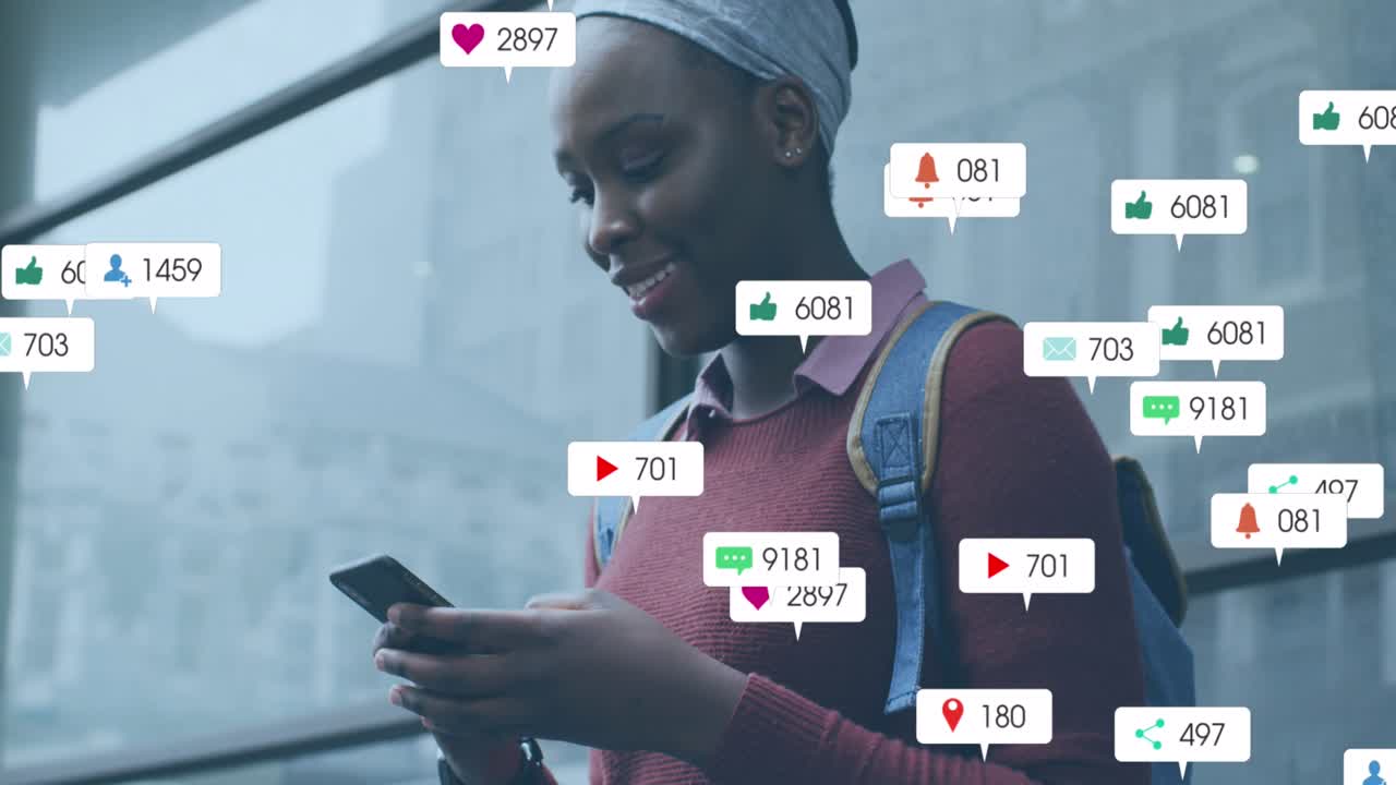 Animation of social media icons over african american woman using smartphone