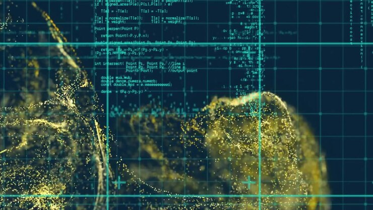 Grid overlay filling frame code scrolling starting cloud splitting into clusters visualizing data