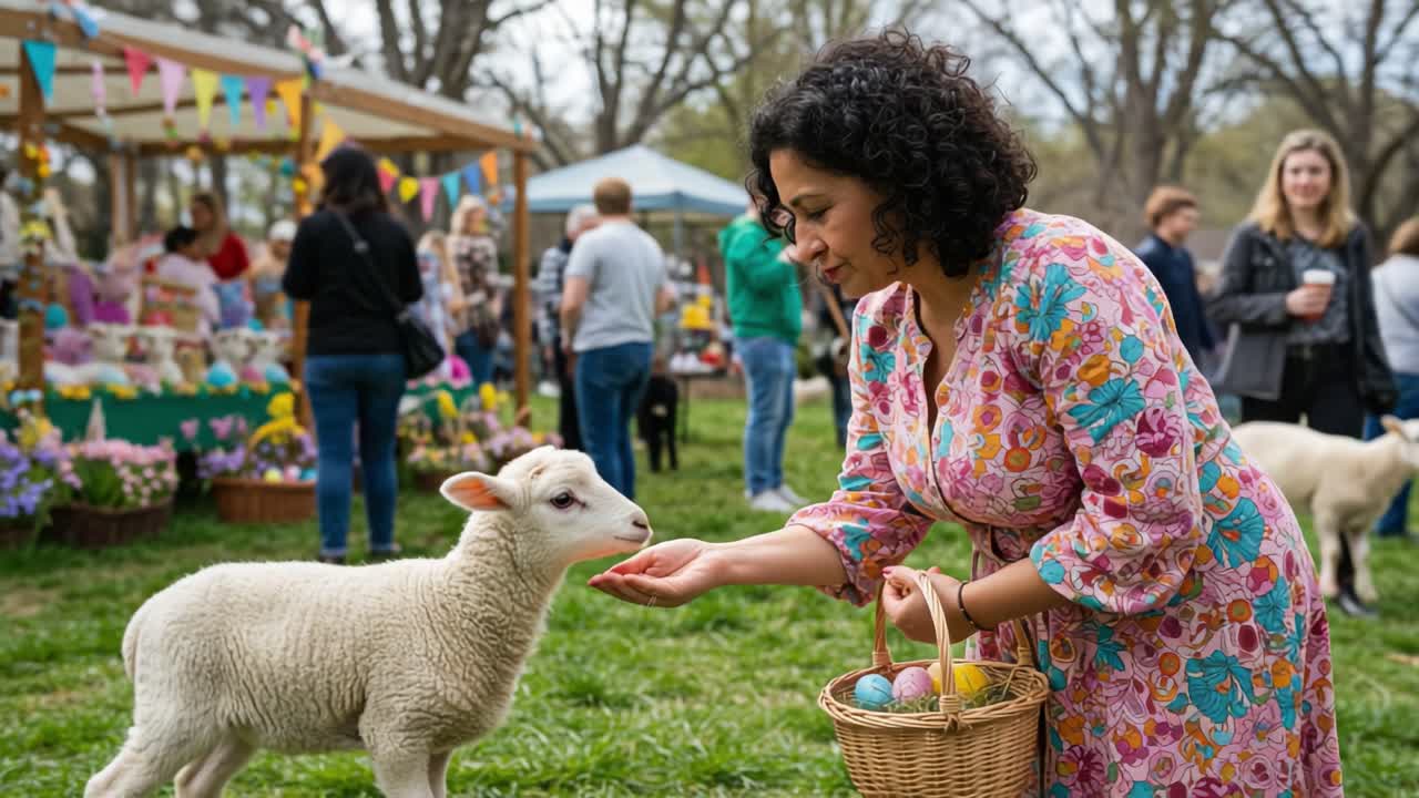 Um Encontro Alegre entre uma Mulher e um Cordeiro em um Festival de Primavera, com Decorações Coloridas e uma Atmosfera de Celebração e Beleza Natural