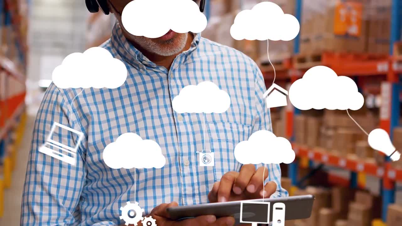 animación de iconos digitales sobre el hombre usando tableta en el almacén