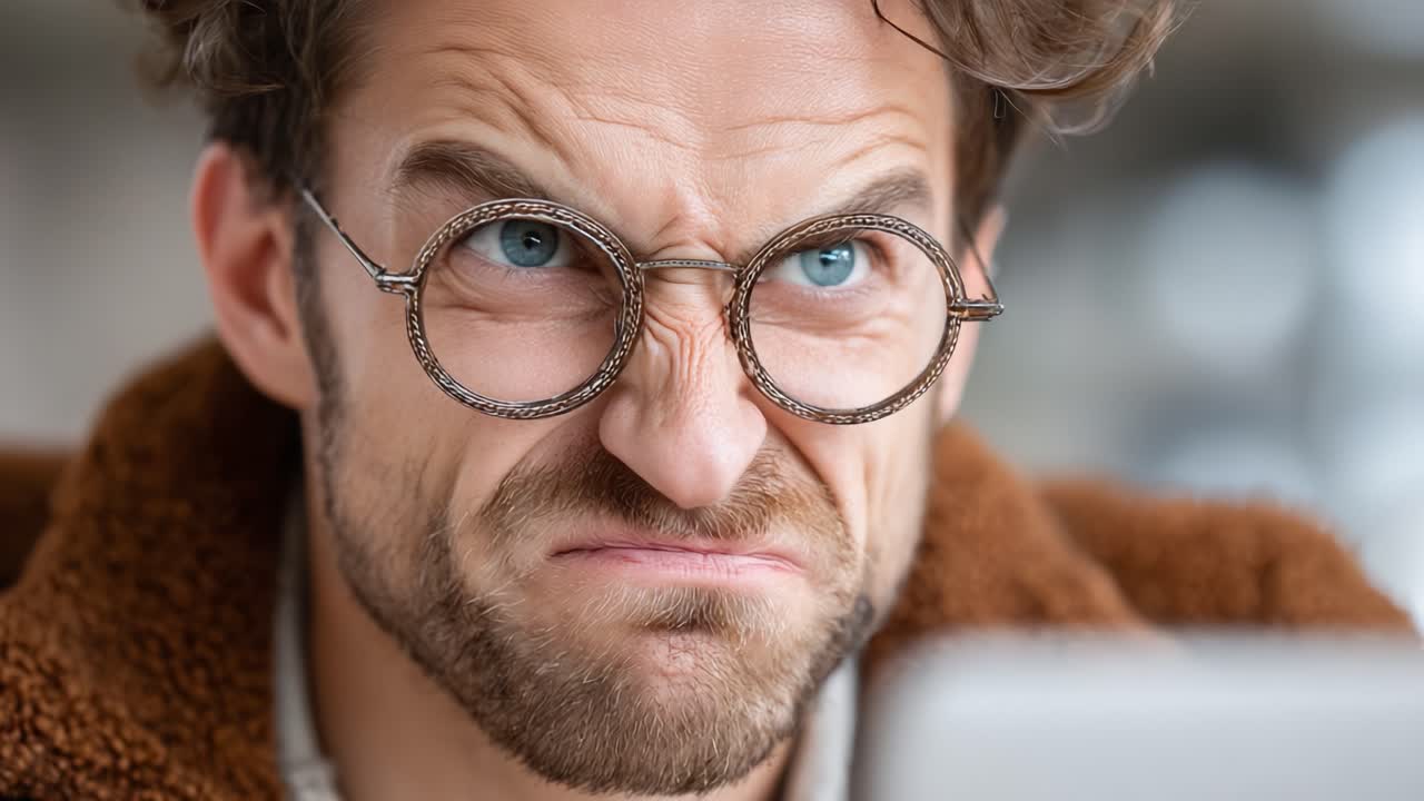 Frustrated Man Expressing Discontent While Staring at Computer Screen in a Cozy Environment with Distinctive Round Glasses and Messy Hair