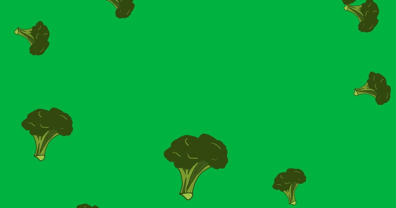 Immagine generata digitalmente di multiple icone di broccoli che cadono su sfondo nero