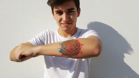 a young man proudly displays his colorful bitcoin tattoo on his arm, highlighting the modern fusion of art and cryptocurrency in a unique personal statement
