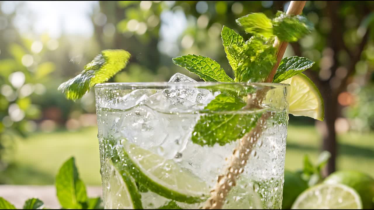 Virkistävä lime-minttujuoma lasissa puupillillä, jääpaloilla ja tuoreilla ainesosilla ulkopöydällä