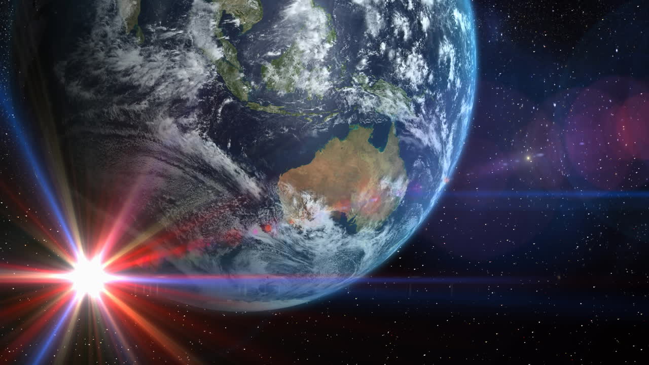 анимация планеты земля во вселенной и многоцветная светящаяся звезда, виденная из космоса