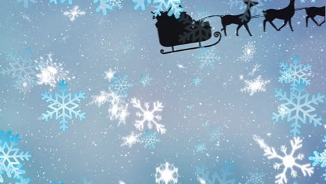 animation of santa claus in sleigh with reindeer over snow falling