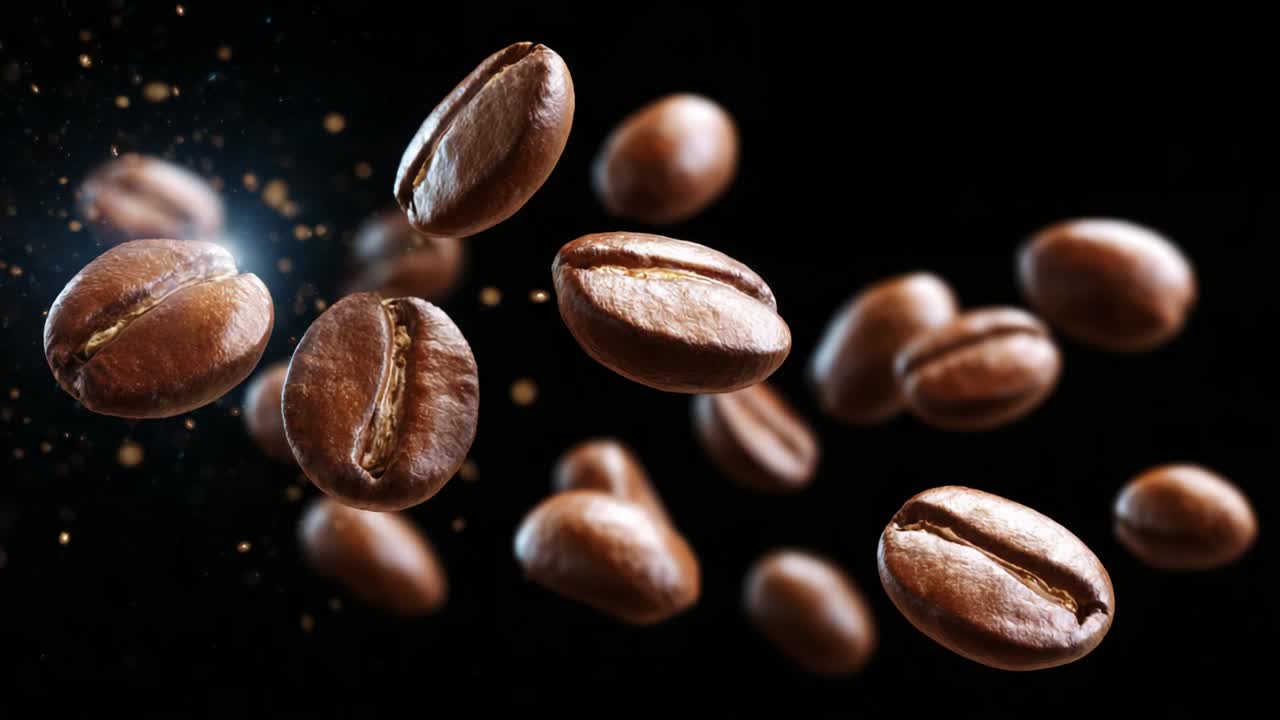 A Captivating Sequence of Floating Coffee Beans Showcasing Their Rich Texture and Depth, Suspended in Midair Against a Dark Background, Highlighting the Essence of Coffee Culture and Enjoyment