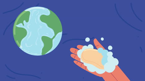 global handwashing day animation with hand lifting soap and earth planet