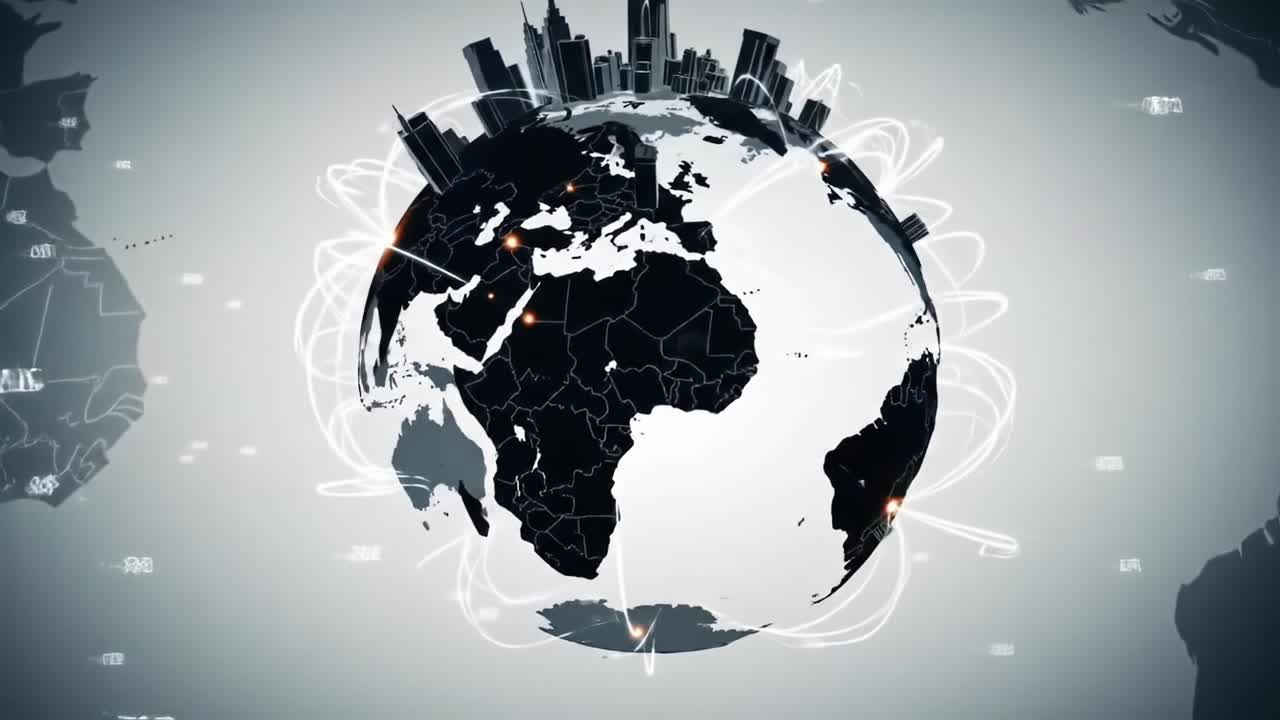 A Dynamic Visualization of Global Connectivity and Urban Development Represented Across a Stylized Globe with Geometrical Elements Highlighting Key Urban Centers