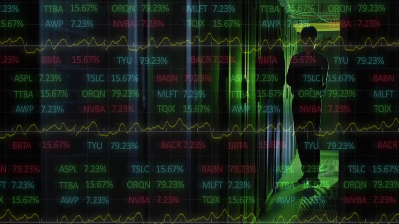 Animasjon av databehandling over asiatisk mannlig IT-ingeniør med laptop som sjekker dataservere.