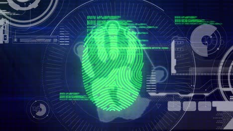 Animation-of-hand-with-biometric-fingerprint,-data-processing-and-scopes-scanning
