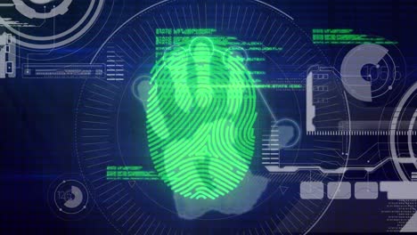 animation of hand with biometric fingerprint, data processing and scopes scanning