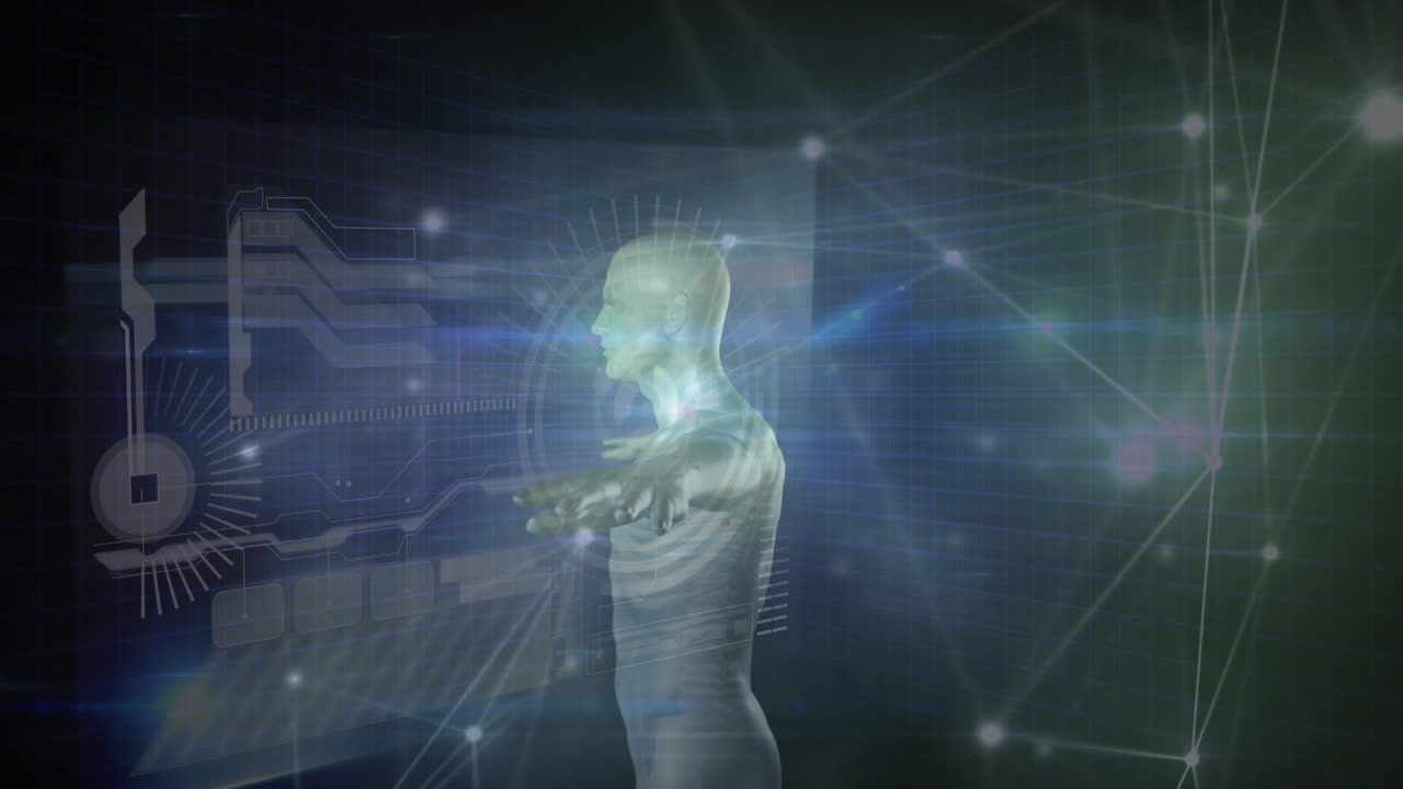 Animation of network of connections over digital human model on black background