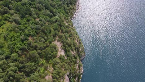 Luftaufnahme-Einer-üppigen,-Grünen-Klippe,-Die-Auf-Das-Schimmernde-Blaue-Wasser-In-Norwegen-Trifft-Und-Die-Natürliche-Schönheit-Der-Landschaft-Zur-Schau-Stellt