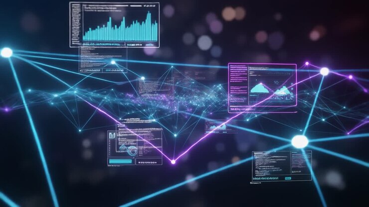 Futuristic Digital Network with Data Flow and AI Interfaces