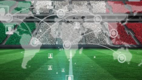 Animation-of-network-of-connections,-world-map-over-italian-flag-on-empty-stands-in-sports-stadium