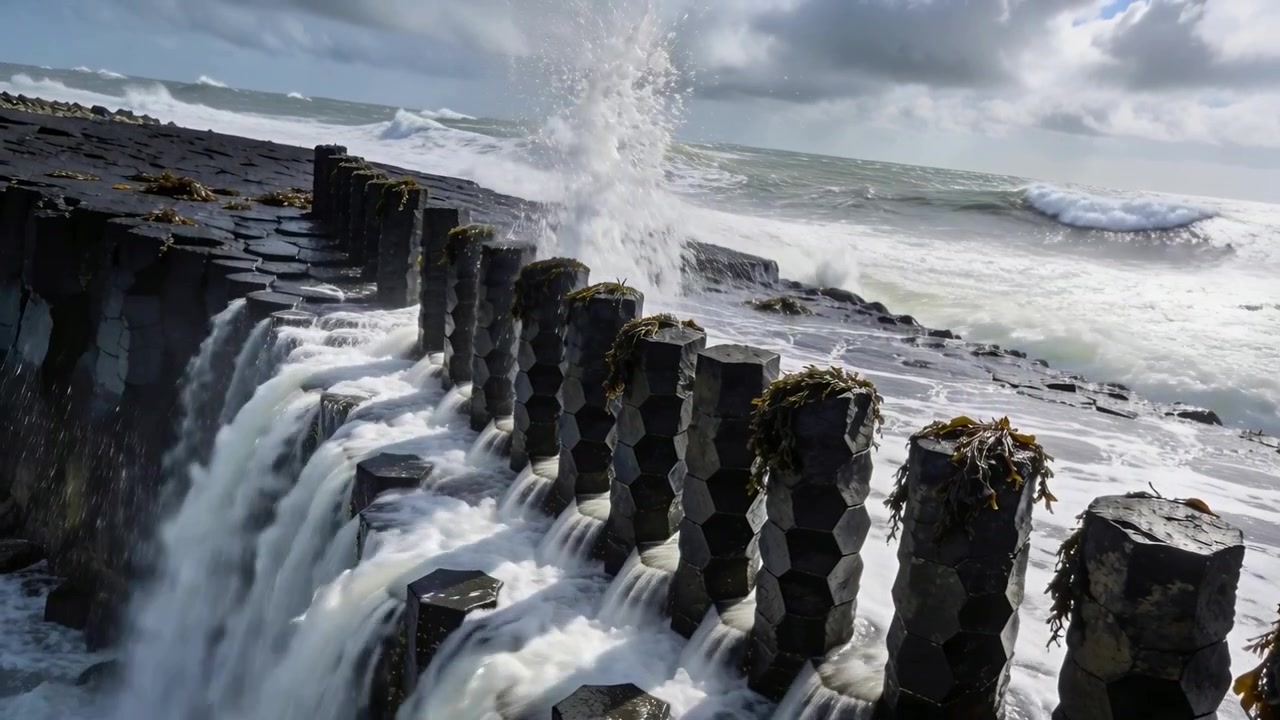 Aufbrausende Wellen spülen Wasser über sechseckige Basaltsäulen an felsiger Küste, angetrieben von starkem Wind