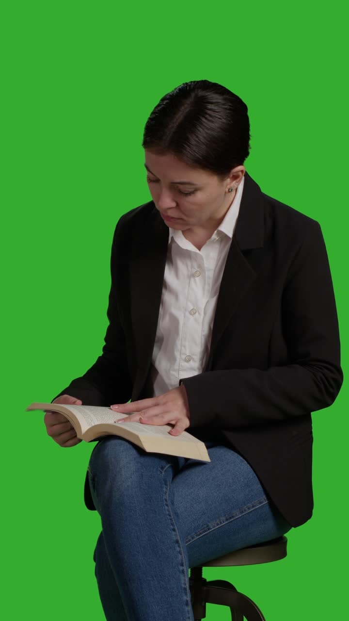Vertical video: Front view close up of businesswoman reading book