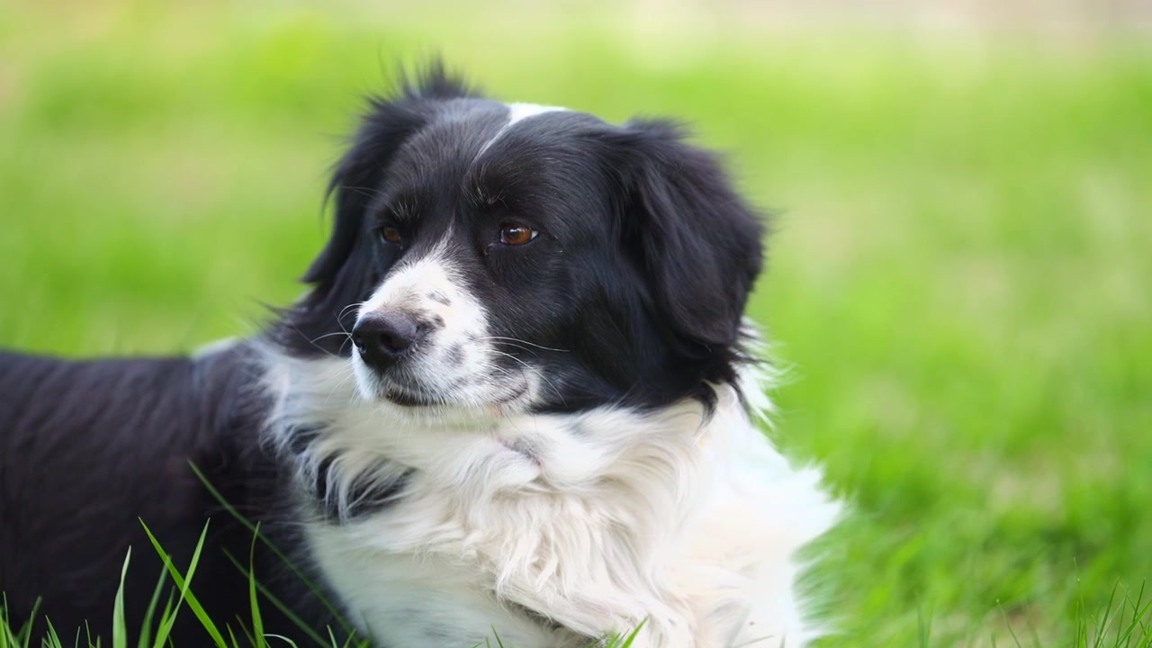 Vídeo em close-up de um cão border collie preto e branco relaxando na grama verde ao ar livre. Cena campestre tranquila com um adorável animal de estimação em um ambiente natural de primavera.