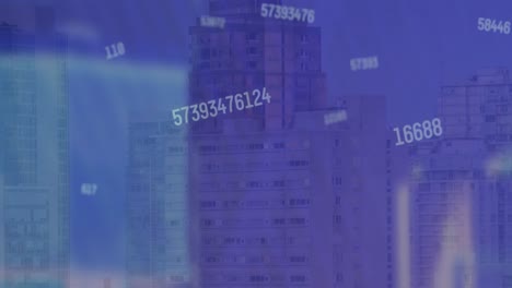 Animation-of-multiple-changing-numbers-and-light-spot-against-tall-buildings