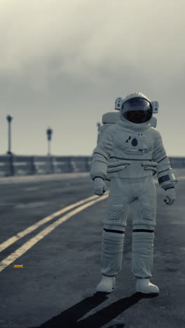 astronaut standing on a desolate road in a futuristic landscape