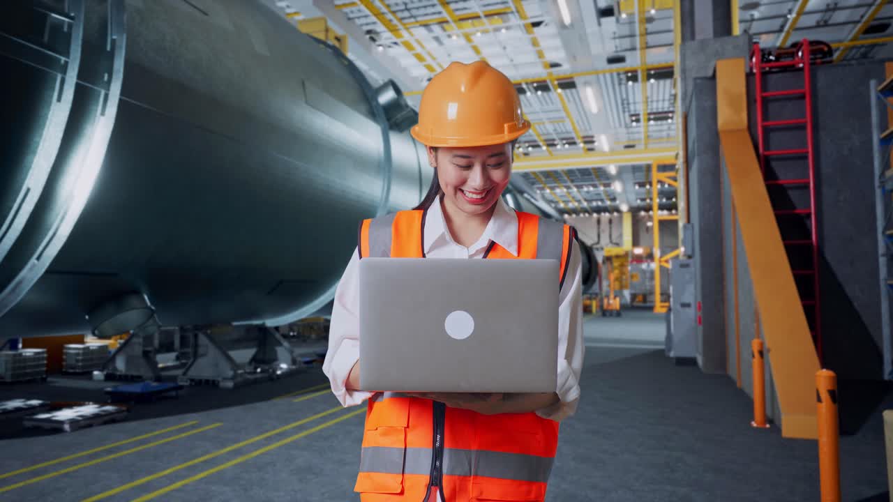 ingeniera mujer trabajando en una computadora portátil en una fábrica