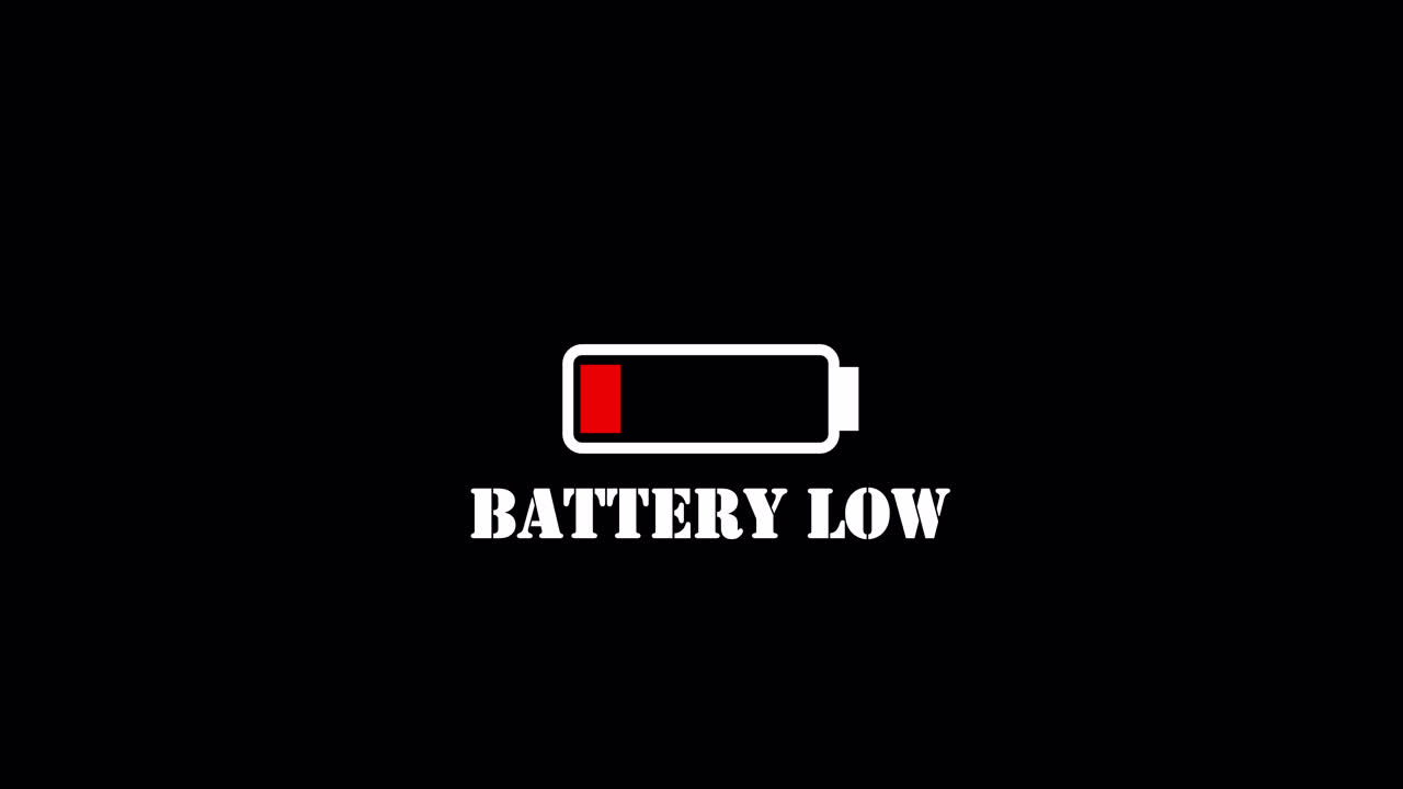 Icona di avviso batteria scarica lampeggiante su sfondo nero