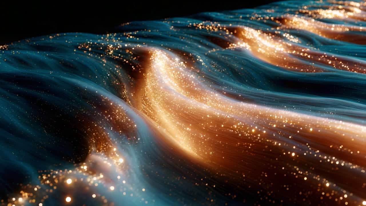 An ethereal landscape of shimmering waves and flowing colors, capturing the breathtaking beauty of a cosmic scene with sparkling particles dancing through a mesmerizing fluid motion