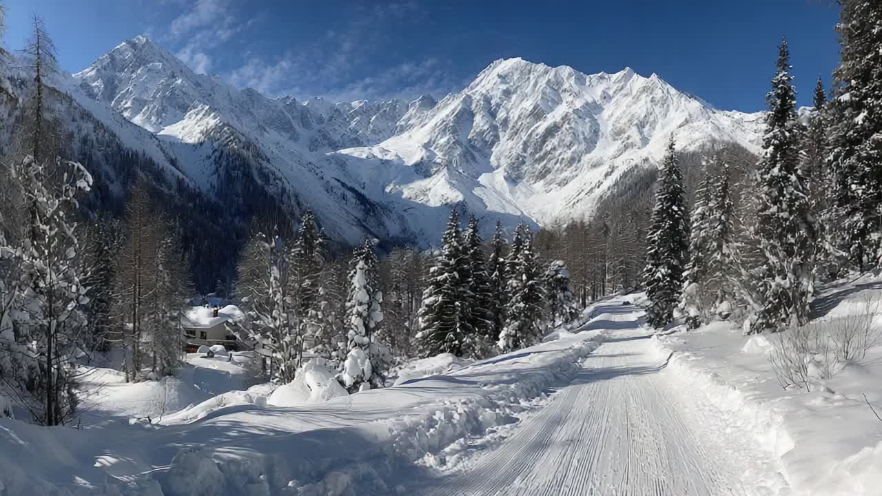 Paesaggio invernale mozzafiato: vedute panoramiche di maestose montagne innevate e foreste serene sotto un cielo azzurro vibrante con un sentiero tranquillo.