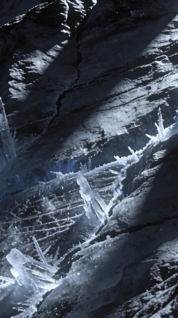 Video verticale: Luce cangiante che mostra spuntoni di ghiaccio su una cresta diagonale in una fessura, rivelando la trama.