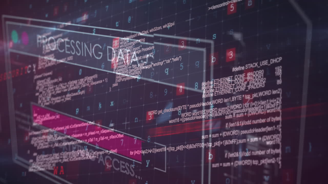 Animation of data processing and text over screen