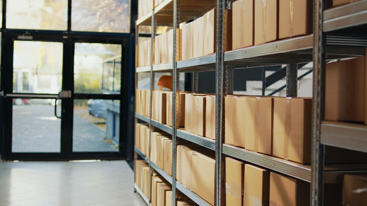 Warehouse Shelves with Cardboard Boxes