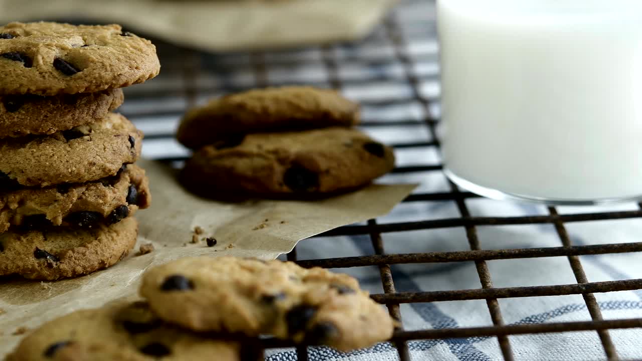 Chocolate Chip Cookies And Glass Of Milk For Breakfast. 4k Close-Up Shot