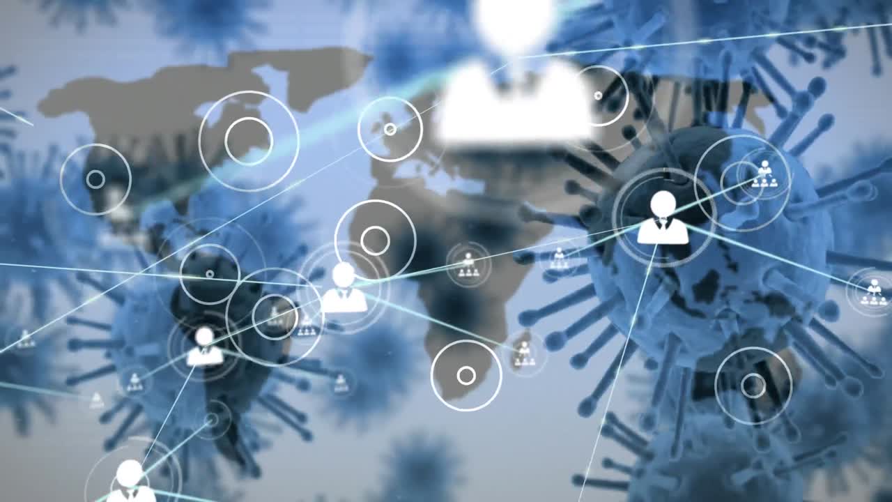 세계 지도와 연결된 네트워크를 통해 확산되는 거대 코로나바이러스 코로나19 세포의 애니메이션