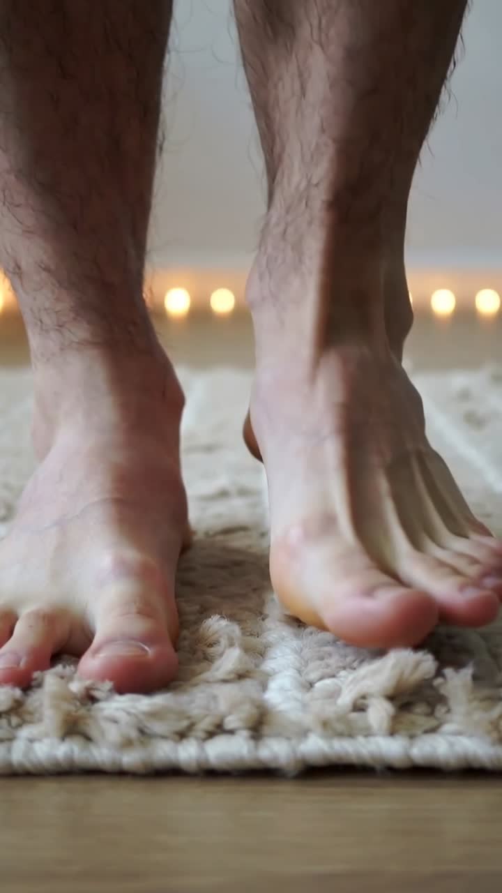 Video verticale: Spostamento del peso provando i piedi, alzando il tallone, arricciando le dita dei piedi, atterrando su un tappeto, luci