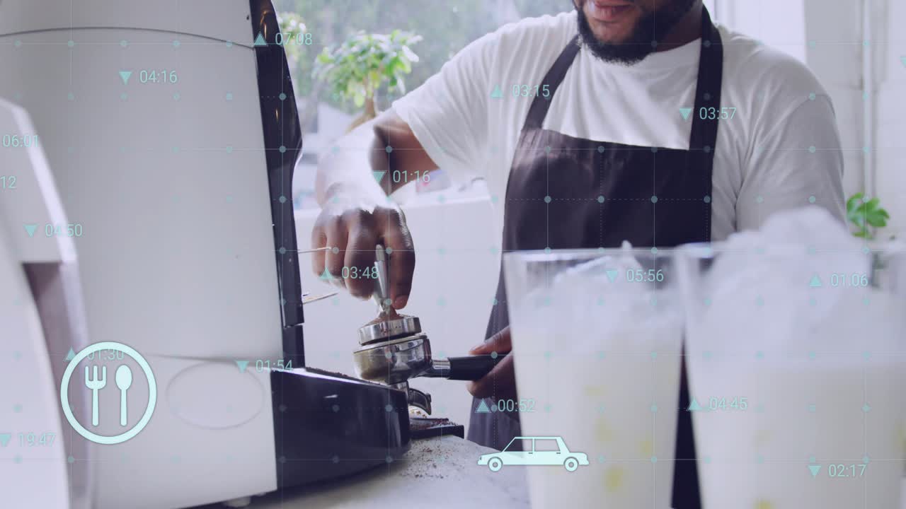 Barista working in cafe, grabbing portafilter, tamping grounds preparing espresso, icons floating